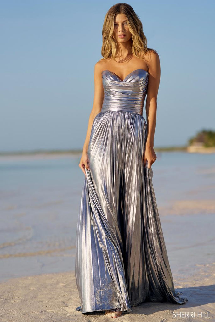 rich metallic pleated gown prom dress with empire Waist key hole bodice  braided straps and high